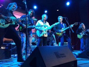 Arlen (middle) with (l-r) Sonny Landrith, Jack Pearson,  Lee Roy Parnell performing in Nashville to promote The Slide Guitar Summit, Jan. 2015